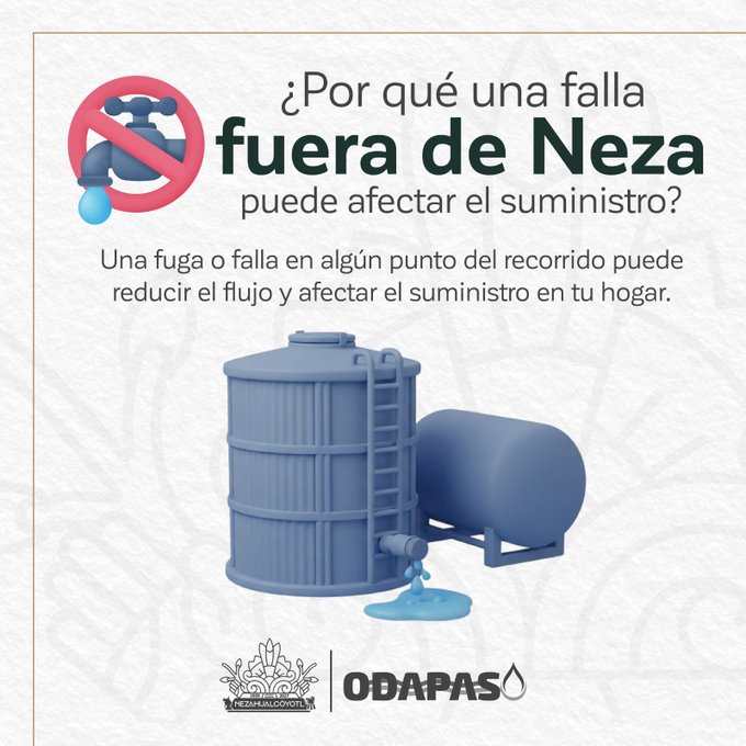 An informational graphic in Spanish from 'ODAPAS NezaHualcoyotl' explaining why a fault outside Neza can affect water supply, featuring an illustration of a leaking water tank.