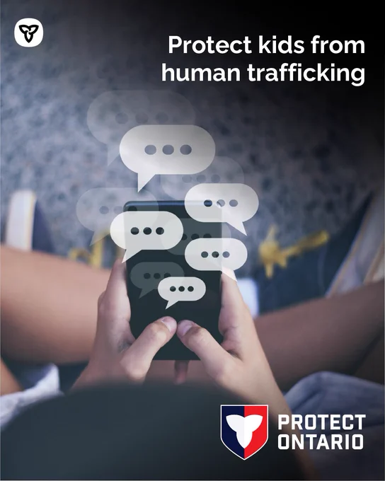 Hands holding a smartphone with multiple chat bubbles, saying "Protect kids from human trafficking,"