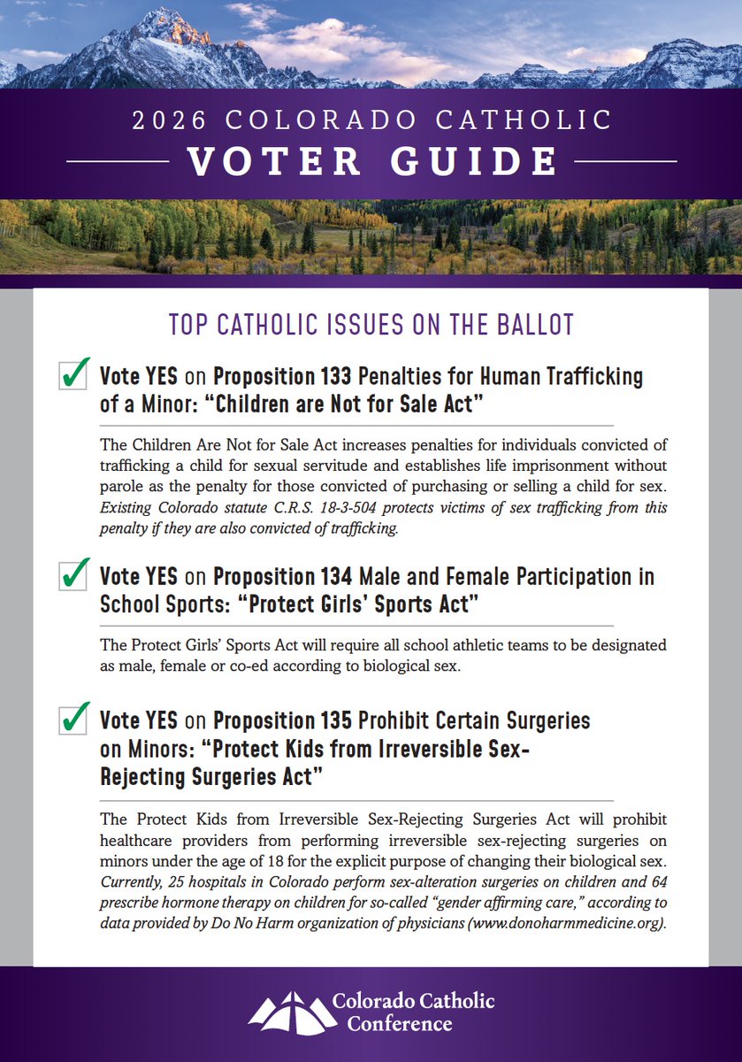 cocatholicconf's tweet photo. Election Day 2026 is on Tuesday, November 3rd!

Ballots were mailed on Friday, October 2nd and will arrive at your homes this week. 

Please visit our website to view our 2026 election material, including voter guide (print version arriving in parishes this week) and candidate survey to form consciences of Catholic voters: 
https://t.co/BCFCNCT5eJ