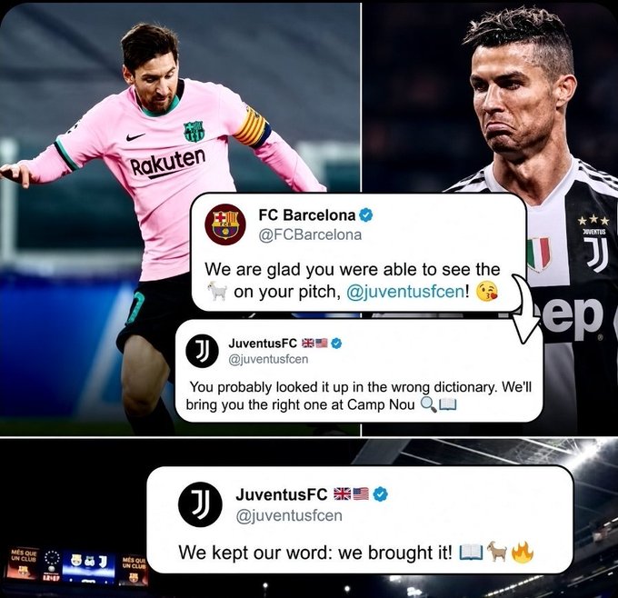 Screenshots of Twitter exchanges between FC Barcelona and JuventusFC show banter about a goat and dictionary, overlaid on images of soccer players Lionel Messi and Cristiano Ronaldo.