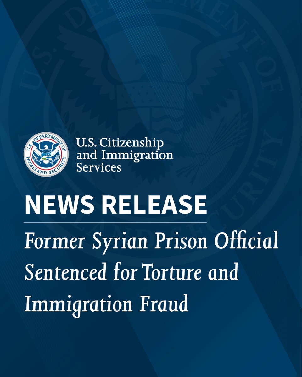 USCIS's tweet photo. A former Syrian prison official was sentenced to 60 years for torture and immigration fraud.

USCIS assisted the case against Samir Ousman Alsheikh, who concealed his past from U.S. immigration authorities to enter the country.

Read more: https://t.co/tvGWD8Dfxg https://t.co/uKldZ3LBi0
