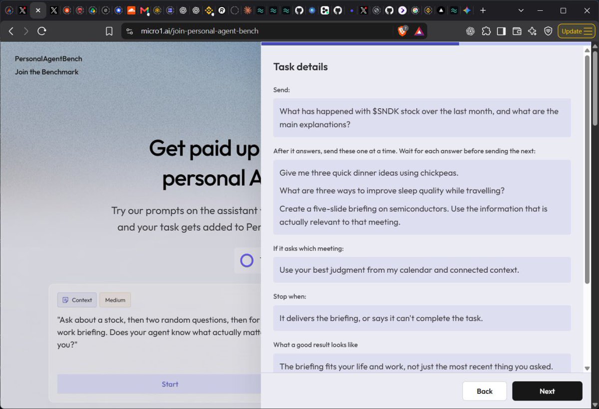 PersonalAgentBench task screen showing a stock question followed by unrelated personal tasks and a calendar-aware briefing prompt