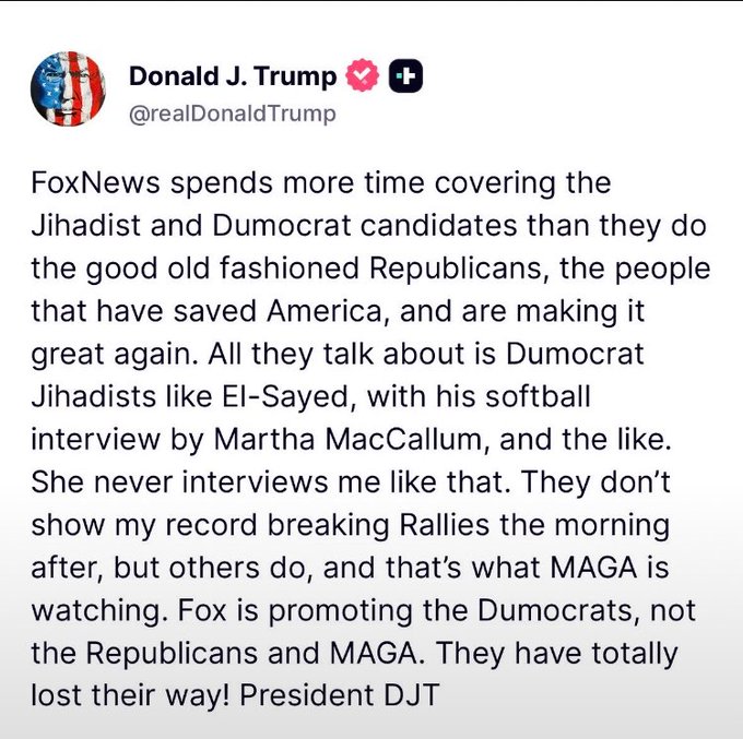 A tweet from Donald J. Trump (@realDonaldTrump) criticizing the network for allegedly favoring Democrat candidates and not covering his rallies.