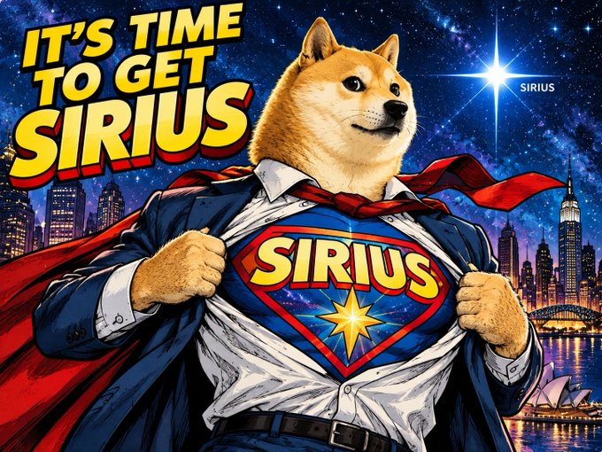 The image features a Shiba Inu dog dressed as a superhero, tearing open his shirt to reveal a Superman-style emblem with the word "SIRIUS" and a star, set against a starry night sky backdrop. The bold yellow text reads "IT'S TIME TO GET SIRIUS," with a cityscape featuring the Sydney Opera House and a bright star labeled "SIRIUS" in the background, playfully tying into the caption's suggestion of a heroic call to action for Sirius.