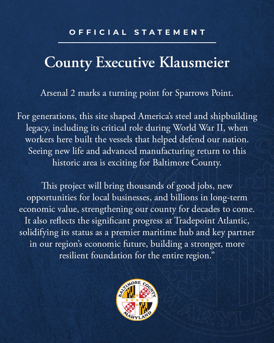 BaltCoExec's tweet photo. Arsenal 2 marks a turning point for Sparrows Point.

This project will bring thousands of good jobs, new opportunities for local businesses, and billions in long-term economic value, strengthening our county for decades to come. https://t.co/rGOSQNS2Lz