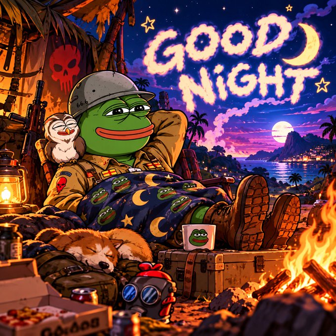 A colorful illustration featuring Pepe the Frog in military attire relaxing under a blanket patterned with other Pepe faces, surrounded by various memes, with the text "GOOD NIGHT" written in clouds in the sky above.