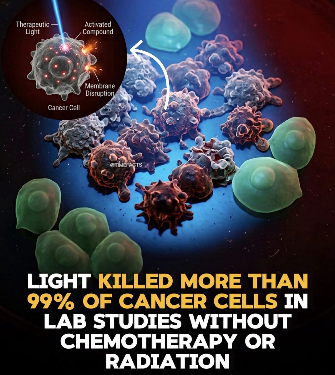 2StefanMoore's tweet photo. Light activated therapy can kill cancer cells in the lab.  It is not a replacement for chemo or radiation.

#PhotodynamicTherapy uses a light activated drug plus a specific wavelength of light.  The drug generates reactive oxygen that can damage nearby cancer cells & tumor blood vessels.  Light alone does not do this.

In cell studies, that combination can be highly lethal.  One study of human lung cancer cells reached 99% cytotoxicity with a photosensitizer & 630-nm light.  Those are dish results, not patient cure rates.

PDT is already used for selected skin cancers, Barrett esophagus, some esophageal cancers & some non small cell lung cancers. 

Light only reaches about 1/3 inch into tissue, so it is mainly for tumors on or just under the skin, or on linings a light source can reach.

An added option for specific, reachable tumors.  Not a general substitute for other treatment.  Lab figures ≠ clinical outcomes.  Talk with an oncology team.