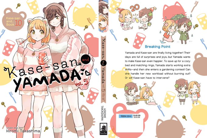 The image shows the full book cover of "Kase-san and Yamada Vol. 5," a manga by Hiromi Takashima, featuring chibi illustrations of the two title characters on the back alongside a "Breaking Point" synopsis. The post promotes this Yuri/Girls' Love manga about high school romance as newly available in print and digital formats.