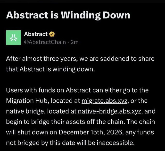 The image shows a tweet from Abstract (@AbstractChain) announcing that the blockchain project is winding down after nearly three years, with users instructed to bridge their assets off-chain via migrate.abs.xyz or native-bridge.abs.xyz before the December 15th, 2026 shutdown deadline. The post's "?" caption likely reflects surprise or confusion about Abstract—a zkSync-based Ethereum Layer 2 network—ceasing operations.