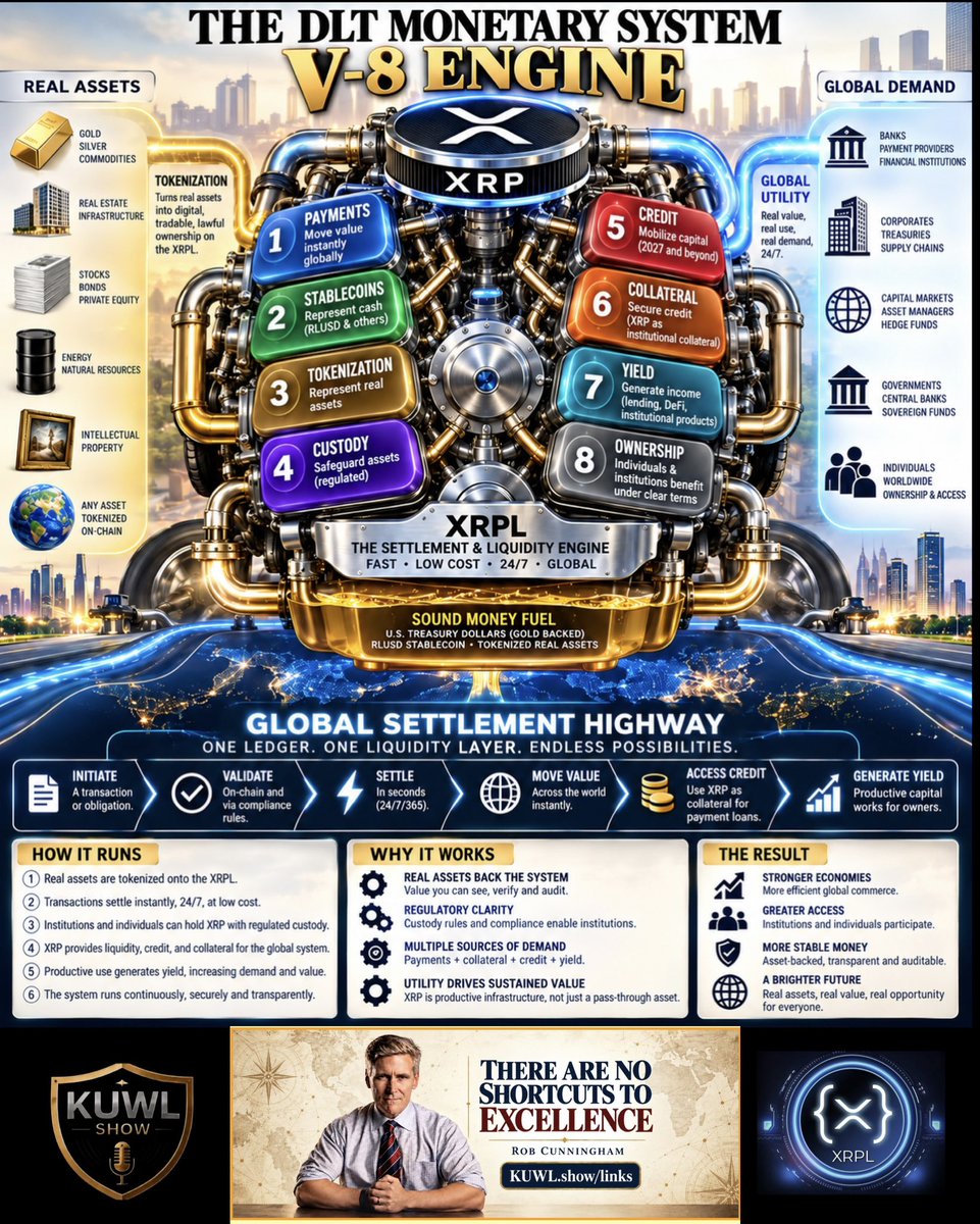KuwlShow's tweet photo. THE XRP STORY IS BECOMING MUCH BIGGER

🚦“Ladies & Gentlemen, Start Your Engines!” 🏁

See what is converging?

Not rumor.
Not one announcement.
Architecture.

For years, XRP was understood primarily through one job:

MOVE VALUE. FAST. GLOBALLY.

Now add four more:

OWN. CUSTODY. COLLATERALIZE. PRODUCE.

1. XRP → CREDIT

Ripple President Monica Long has described institutional credit as a major XRP use case, with credit activity targeting 2027.

That changes the economic equation.

XRP isn’t limited to moving liquidity. It can become part of the infrastructure that secures liquidity.

Payments move capital.
Credit mobilizes capital.
Collateral secures credit.

2. XRP → REGULATED CUSTODY

Now Washington is building another piece.

The SEC has proposed “Adviser and Regulated Fund Custody Rules; Crypto Custody Rules” - 234 pages addressing custody within regulated financial structures.

Here’s the critical distinction:

CUSTODY ≠ OWNERSHIP.

You can own an asset while an authorized institution safeguards it under defined contractual terms.

Think of the emerging model as:

PRIVATE OWNERSHIP + REGULATED CUSTODY + PRODUCTIVE UTILITY.

3. XRP → PRODUCTIVE TREASURY ASSET

Now look at Evernorth.

Its strategy isn’t simply:

BUY XRP.  HOLD XRP.  WAIT.

Its three stated pillars are:

1 ACCUMULATE XRP
2 INTERNATIONAL EXPANSION
3 DIVERSIFIED YIELD GENERATION

The objective is to increase XRP per share and expand XRP’s utility.

That’s important.

The model isn’t merely own the asset.

It’s:

OWN IT → SAFEGUARD IT → DEPLOY IT → PRODUCE WITH IT

4. NOW CONNECT THE ENGINE

This is where the architecture becomes easy to see:

OWNERSHIP → Who owns it?
CUSTODY → Who safeguards it?
PAYMENTS → How does value move?
SETTLEMENT → When is payment final?
CREDIT → How does capital get mobilized?
COLLATERAL → What secures that credit?
YIELD → How can productive deployment generate return?

These aren’t competing functions.

They are parts of the same financial engine.

And that changes the XRP question.

Stop asking only:

“How many XRP does a payment use?”

Start asking:

“How much XRP must be owned, accumulated, safeguarded and productively deployed to operate a global 24/7 financial system?”

That’s a fundamentally different supply-and-demand question.

An XRP briefly passing through a transaction performs one job.

An XRP held in custody, committed as collateral, deployed into authorized lending or otherwise put to productive use can perform another.

AND THE INDIVIDUAL DOESN’T DISAPPEAR.

Neither does private ownership.

Individuals can own XRP directly or through appropriate legal structures while institutional custodians safeguard assets and contractual arrangements define whether - and how - those assets can be productively deployed.

The terms matter.
The contract matters.
Ownership matters.

Custody itself doesn’t create yield.

Productive deployment does.

And the governing agreement determines who receives the economic benefit.

Now ZOOM out:

PRIVATE OWNERSHIP
↓
REGULATED CUSTODY
↓
PRODUCTIVE DEPLOYMENT
↓
CREDIT
↓
COLLATERAL
↓
GLOBAL SETTLEMENT
↓
MONETARY INFRASTRUCTURE

The timing deserves attention.

Evernorth is explicitly pursuing XRP accumulation, international expansion and diversified yield generation while the federal government is simultaneously developing proposed crypto-custody rules and Ripple is advancing institutional credit infrastructure.

OWNERSHIP → CUSTODY → PRODUCTIVITY → CREDIT → COLLATERAL → SETTLEMENT.

XRP originally answered:

“How can value move?”

The next chapter asks a much bigger question:

“How can value WORK?”

OWN IT
SAFEGUARD IT
PUT IT TO WORK
MOVE VALUE
SECURE VALUE
CREATE VALUE

XRP is becoming much more than a story about moving money.

It’s a story about the infrastructure underneath ownership, liquidity, credit, collateral and global capital itself.

@XRPLF @Interledger @Ripple @evernorthxrp @USTreasury @CFTC @SECGov @X