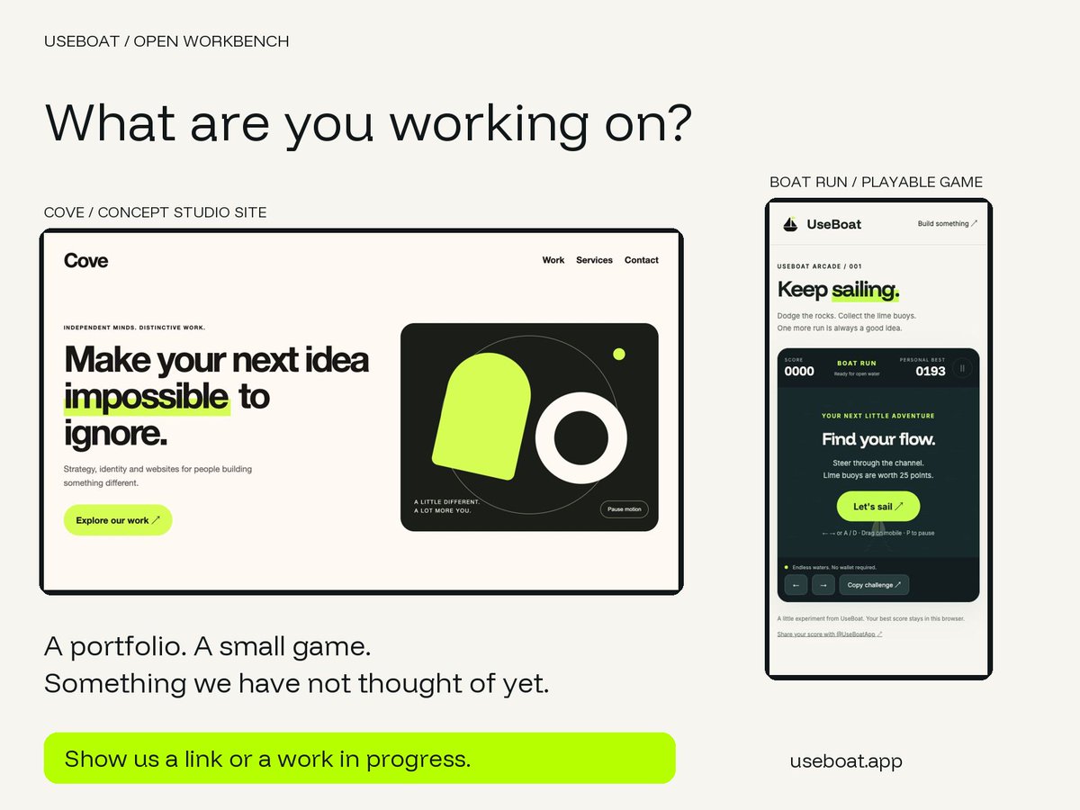 UseBoatApp's tweet photo. We have been sharing our own experiments: a concept studio site and a little boat game.

Now we want to see yours.

Drop a link, a screenshot, or the rough version you are still figuring out. Tell us what you are trying to make.

https://t.co/Nn2UmCF1Yv https://t.co/pbwrodKNP3