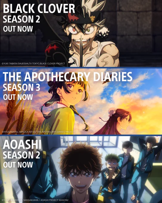 Three promotional images for anime series. Top: Black Clover Season 2 with a determined character holding a sword. Middle: The Apothecary Diaries Season 3 with a reflective character against a colorful sunset. Bottom: Aoashi Season 2 featuring a group of energetic characters.