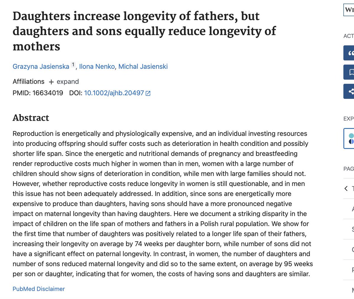 AlpacaAurelius's tweet photo. Men, have daughters.

Women, have sons

Daughters increase a fathers lifespan by 74 weeks and sons increase a mothers lifespan by 95 weeks. https://t.co/DHWlRy8jVX