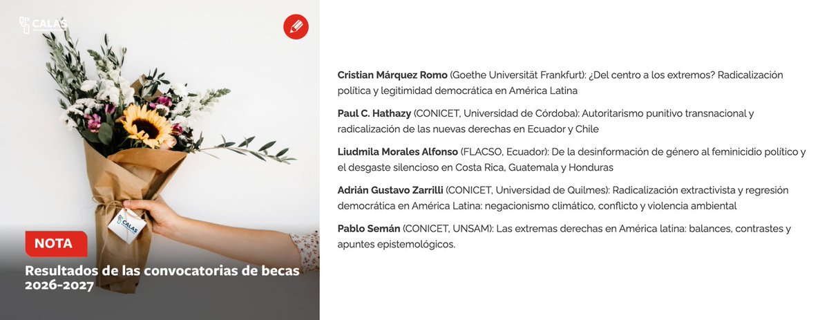 FLACSOec's tweet photo. 📰 #NoticiasFLACSO
Liudmila Morales Alfonso, profesora gestora del Programa de Escritura Académica e investigadora de FLACSO Ecuador, obtuvo la beca posdoctoral “Radicalidad y radicalización política” del Centro Maria Sibylla Merian de Estudios Latinoamericanos Avanzados (@CalasCenter).

De más de 130 académicas y académicos que participaron en la convocatoria para integrarse como investigadores al Laboratorio de Conocimiento del CALAS. Radicalidad y radicalización política en América Latina: Desafíos democráticos, diferencias y transformación, la profesora fue una de las cinco personas seleccionadas. Su propuesta de investigación, “De la desinformación de género al feminicidio político y el desgaste silencioso en Costa Rica, Guatemala y Honduras”, abordará estas problemáticas desde una perspectiva comparada.

El Laboratorio, que iniciará en febrero de 2027, busca profundizar en las diferencias conceptuales entre radicalismo, radicalización y extremismo, así como examinar comparativamente las manifestaciones de estos fenómenos en distintos espacios de disputa democrática en América Latina.

¡Felicitamos a Liudmila por este importante reconocimiento y le deseamos muchos éxitos en esta nueva etapa de investigación!

Más información: Convocatoria CALAS/HIAS 2027