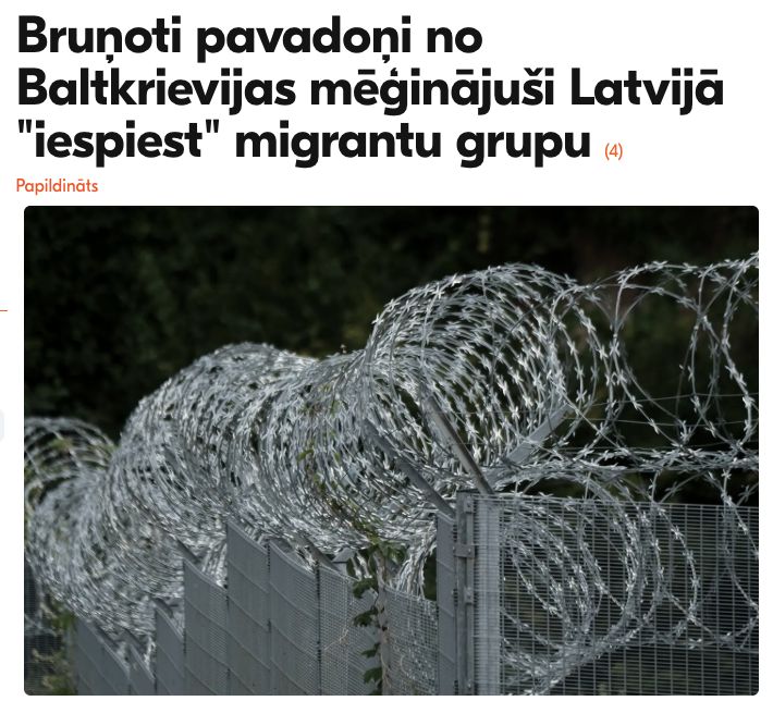 nexta_tv's tweet photo. ⚡️ 🇱🇻 BREAKING: Armed men from Belarus crossed into Latvia

A group of masked men attempted to force around 20 illegal migrants across the border. The men were armed and threatened Latvian troops.

Latvia’s armed forces said the incident was particularly demonstrative and aggressive compared with many previous provocations.

Several hours later, the men managed to enter EU territory, damaged an electrical distribution box and stole surveillance cameras before returning to Belarus, Interior Minister Jānis Dombrava said.