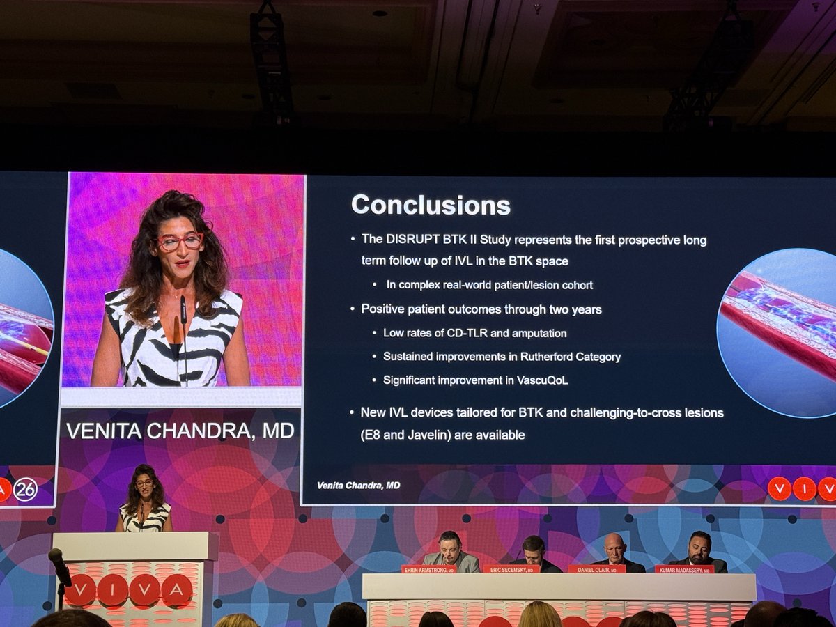 JJMT_CircRest's tweet photo. Two years later, the results continue to deliver. ⚡Thank you to Dr. Venita Chandra for presenting the 24-month outcomes from the #DisruptBTKII Study as a Late Breaker at #VIVA26. The data demonstrated sustained clinical benefits in complex patients with calcified BTK disease, including RC improvement, significant QoL gains, low reintervention rates, and ongoing limb preservation through two years.

Thank you to the physicians, researchers, and clinical teams advancing the evidence behind #PeripheralIVL, and to everyone who joined us at VIVA 2026 (@VIVAPhysicians).

Learn more: https://t.co/3ko8fO3w6s 

US Rx only. Safety Info: https://t.co/as4irbY3DX 
Product availability may vary by country.