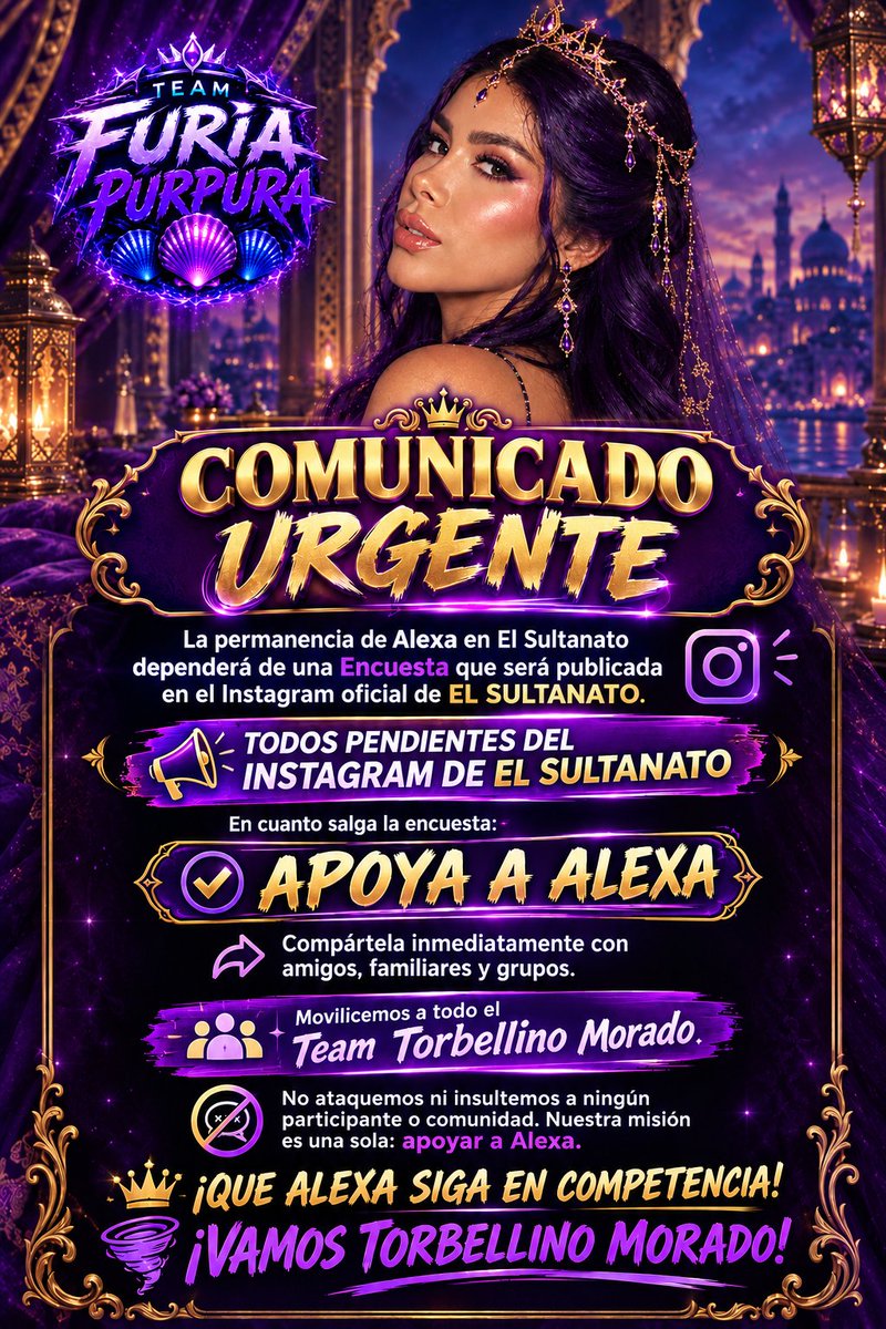 TeamFuriaPurpra's tweet photo. 💜 Hoy más que nunca, el Torbellino Morado se hace sentir. ¡Toda la fuerza para Alexa y que siga en competencia! 🌪️👑

#AlexaTorrex #ElSultanato #FuriaPurpura #TorbellinoMorado #TeamAlexa #ApoyaAAlexa #AlexaEnElSultanato https://t.co/5VuNLa4Mb8