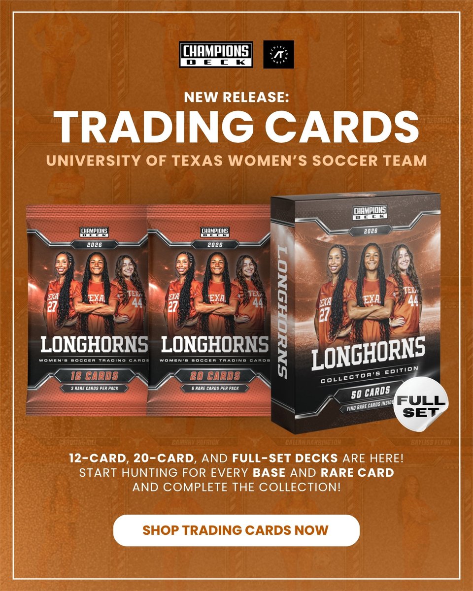 TexasThreadsNIL's tweet photo. 🚨 NEW RELEASE 🚨

The Texas Women’s Soccer trading cards are HERE! 🤘⚽️

Collect your favorite Longhorns, hunt for rare cards, and complete the collection with 12-card, 20-card, or full-set decks. 🔥

🛒 Shop trading cards now:
https://t.co/VJf9r2xtzN

#ChampionsDeck https://t.co/4QcuP1HRmw