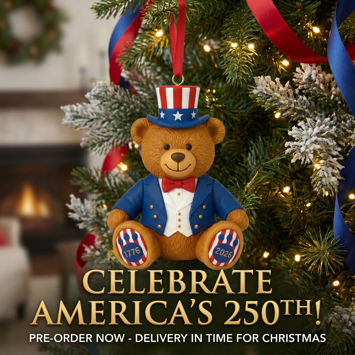 ProudPatriots1's tweet photo. The America 250th Anniversary Bear Christmas Ornament! Place it on your tree for years to come. Pre-order now, stock is low!