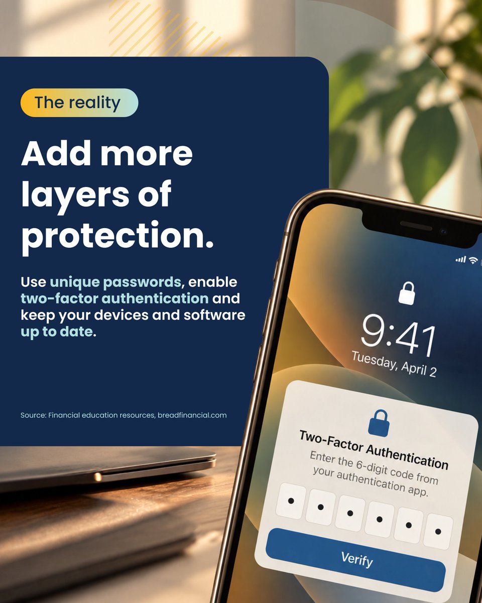 BreadFinancial's tweet photo. Strong passwords are a great start, but they can't do all the heavy lifting on their own. 

A little extra protection goes a long way. Turn on two-factor authentication, keep your software updated &amp; give your online security a quick check-in. https://t.co/iWVksJ9Ck2