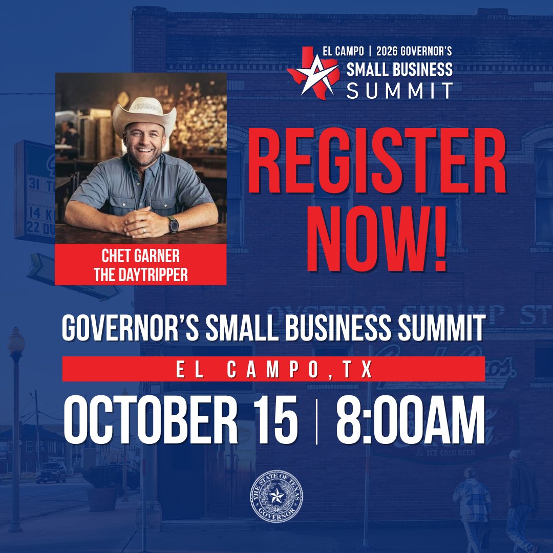 TexasEconDev's tweet photo. Our Small Biz Team is headed to the Gulf Coast region next week for the Governor's #SmallBusinessSummit — El Campo! Join us for informative panels on marketing, workforce development and capital resources for small businesses. Plus @ChetTripper, Host & Executive Producer of The Daytripper will close out the event as Keynote.

🔗: https://t.co/xnHg8f5jzY
🔗: https://t.co/4TR9f7Kwyf