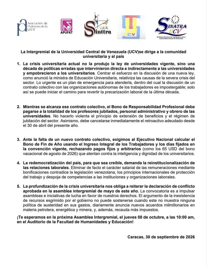 FAPUV's tweet photo. La crisis universitaria actual no la produjo la Ley de Universidades vigente sino una década de políticas erradas que intervinieron directa o indirectamente las #UniVe y empobrecieron a los universitarios
#8Oct, ASAMBLEA INTERGREMIAL UCV.
Auditorio de la Facultad de Humanidades. https://t.co/U9fYiHVCSj