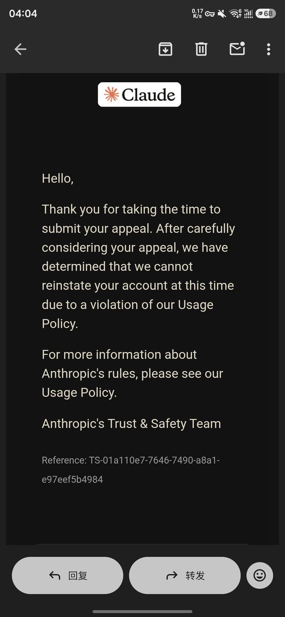 Carl___Lee's tweet photo. Cluade, would you really be willing to kill me completely? I had been using it for a year and it was fine, but suddenly my account was banned. https://t.co/21qzEAiZLS
