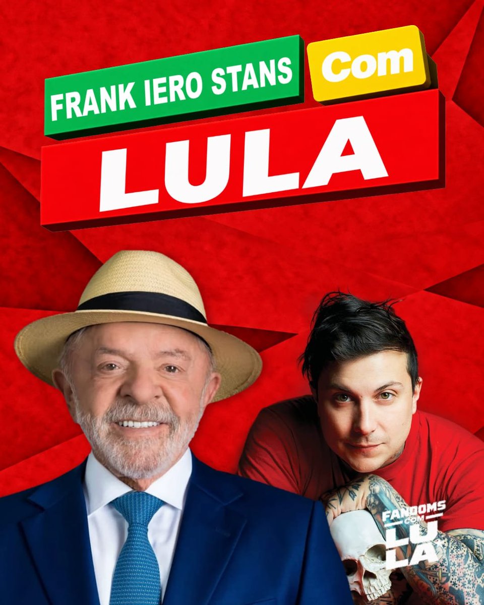 frankierobrasil's tweet photo. FRANK IERO STANS COM LULA! ⭐️

Nesse momento tão decisivo, decidimos usar nosso espaço para lutar pelos nossos direitos e pela democracia. 

No dia 25/10, votaremos em Lula no segundo turno.

VAMOS VENCER JUNTOS(AS)! ❤️

#FandomsComLula
#Eleicões2026 
#EleNão https://t.co/e66QyDPPuv