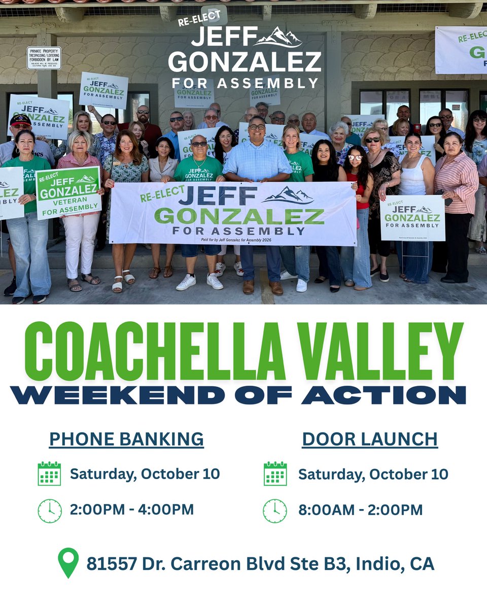 Gonzalez4AD36's tweet photo. Join #TeamGonzalez in Indio THIS Saturday! 🔥

📞 Phone banking 2PM-4PM
🚪 Door knocking 8AM-2PM 

YOU can help make the difference in this election. Join us! 

RSVP: frank@gonzalez4assembly.com https://t.co/EfahlGBE3N