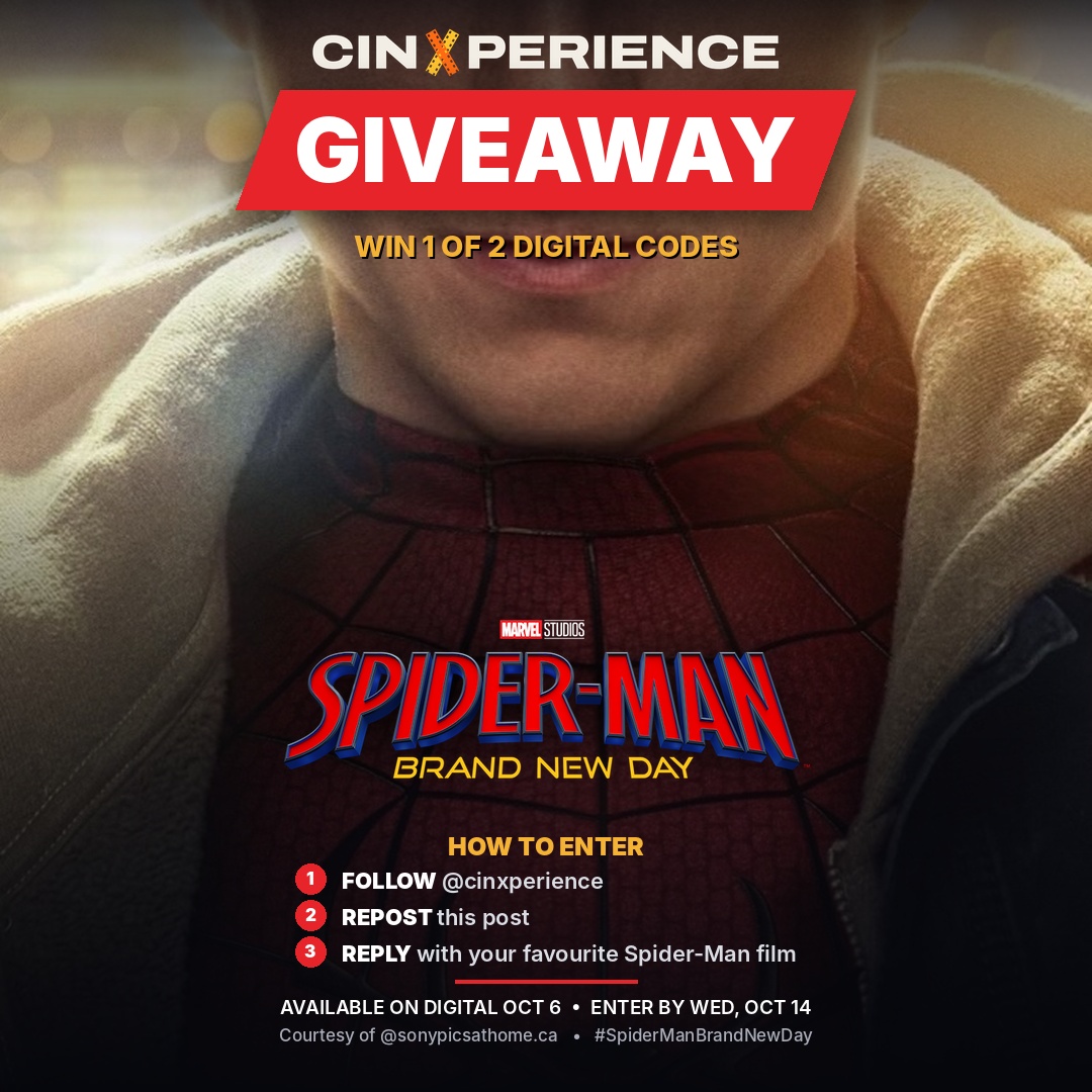 CinXperience's tweet photo. 🕷️ GIVEAWAY 🕷️

The #1 domestic movie of all time is now at home! 

We've got 2 digital codes for #SpiderManBrandNewDay to give away, courtesy of @SonyPicsAtHomeCA

To enter:
1. Follow @cinxperience
2. Like + Repost
3. Reply with your favourite Spider-Man film

Ends Wednesday, Oct 14!