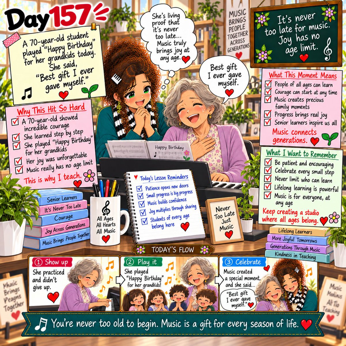 ViennaCafe_Pene's tweet photo. Day 157

A 70-year-old student played “Happy Birthday” for her grandkids—and then said, “Best gift I ever gave myself.” That one stayed with me. It’s never too late to begin, to grow, or to make music for the people you love. 🎹❤️✨
#MusicTeacher #PianoTeacher #SeniorLearner https://t.co/rrekLj2QYX
