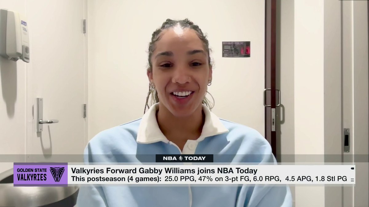 Gabby Williams, a Golden State Valkyries forward, appears on NBA Today via video call, smiling during an interview. An on-screen graphic highlights her postseason stats: 25.0 PPG, 47% on 3-pt FG, 6.0 RPG, 4.5 APG, and 1.8 Stl PG over 4 games. The caption aligns with the post's mention of her discussing her style of play and the Valkyries during the WNBA playoffs.
