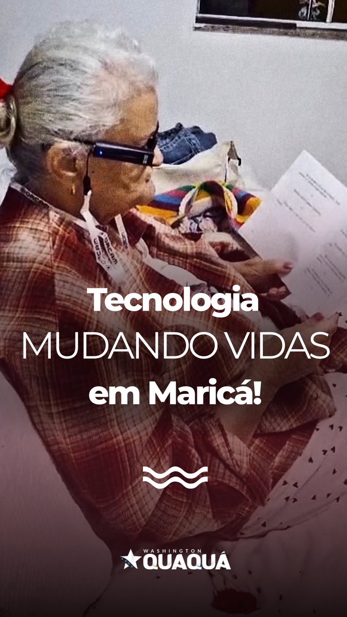 An elderly woman wears smart glasses while reading a document, with text overlay reading 'Tecnologia MUDANDO VIDAS em Maricá!' and 'WASHINGTON QUAQUÁ'.