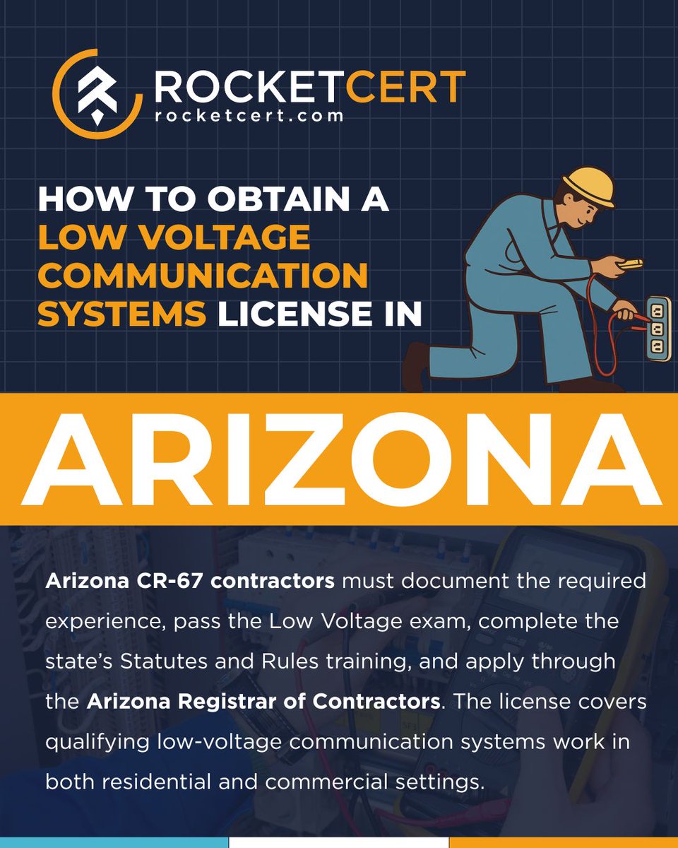 rocket_cert's tweet photo. Looking to perform low voltage work in both residential and commercial settings in Arizona? The CR-67 Low Voltage Communication Systems License covers a wide range of low voltage work, including alarm, communication, sound, and signaling systems. #ArizonaContractor #LowVoltage https://t.co/QSKBi6a9aE