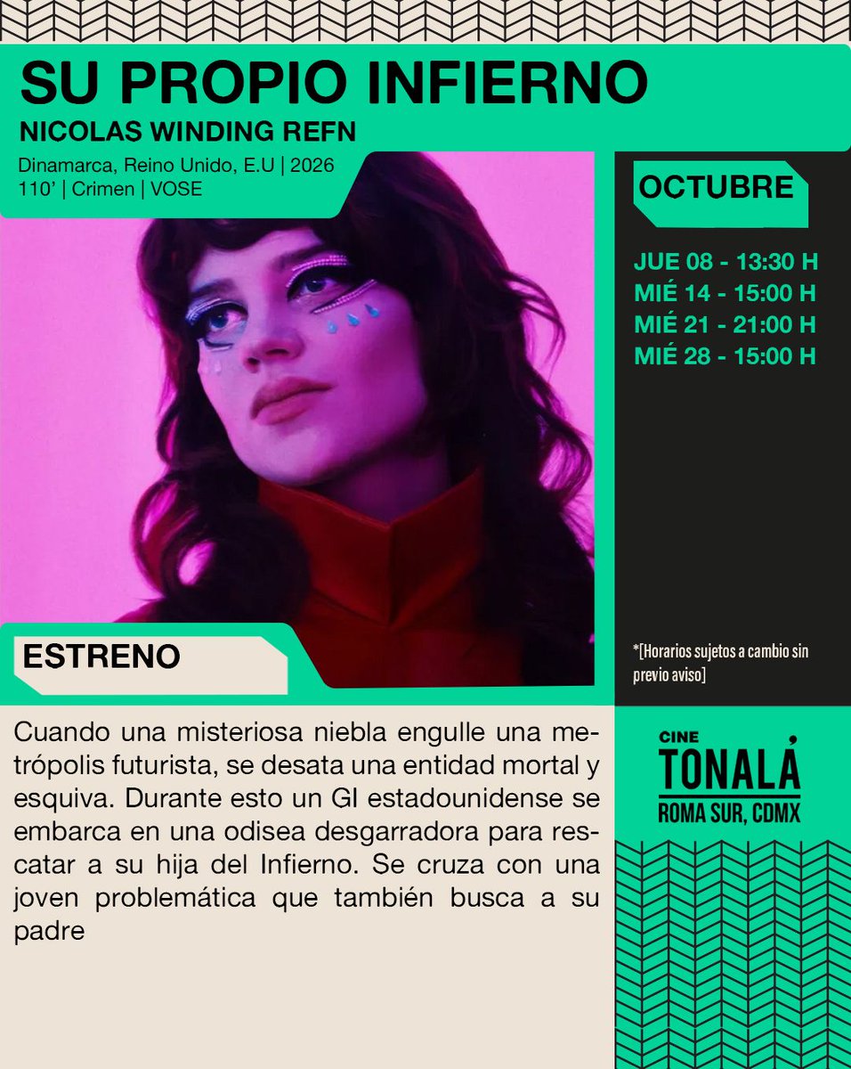 cinetonala's tweet photo. 🌫️🔥 SU PROPIO INFIERNO | ESTRENO
Una niebla engulle una metrópolis futurista y una entidad mortal comienza a acechar.
🎟️https://t.co/v75c87pzhk
#SuPropioInfierno #NicolasWindingRefn #CineTonalá https://t.co/KDlQnZZ6hr