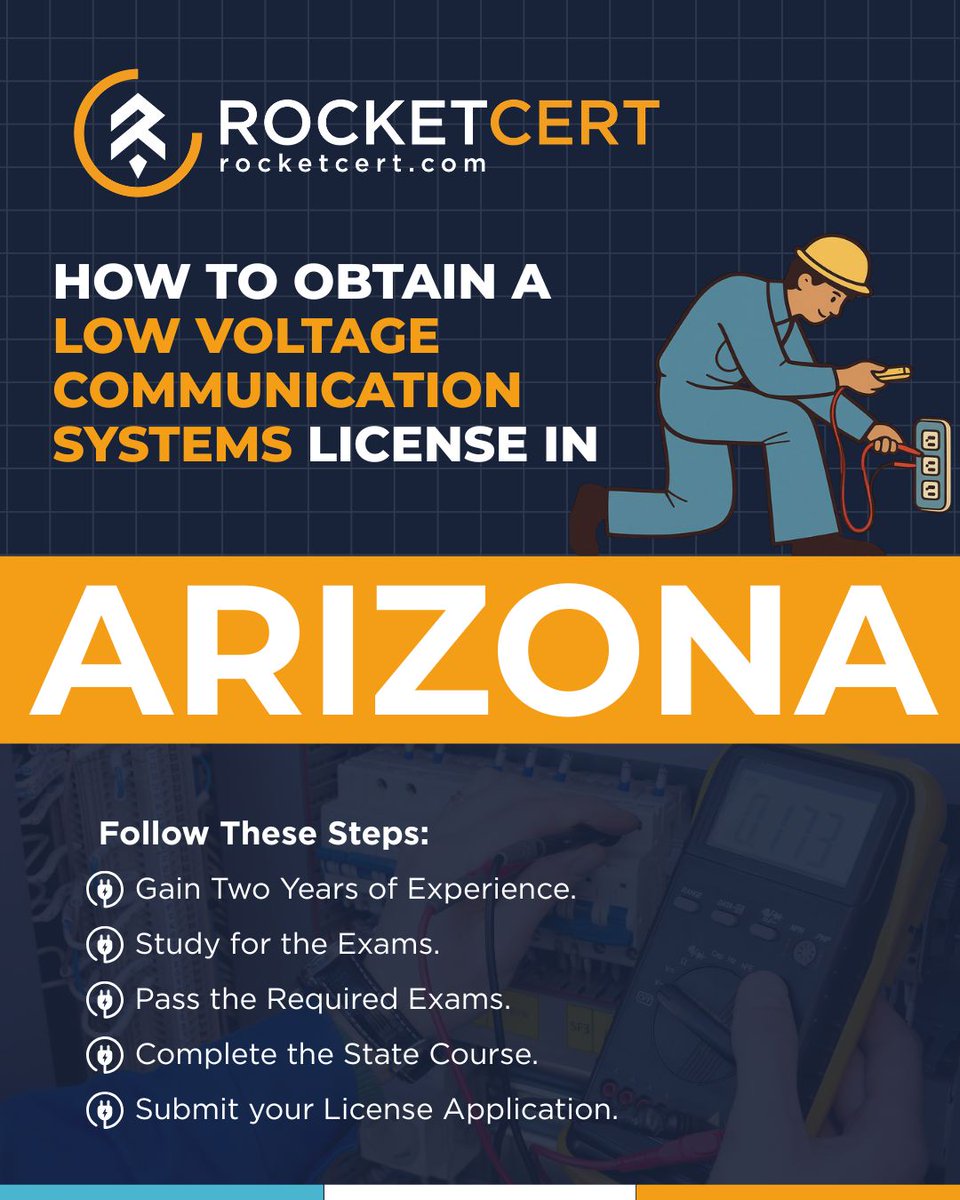 rocket_cert's tweet photo. Looking to perform low voltage work in both residential and commercial settings in Arizona? The CR-67 Low Voltage Communication Systems License covers a wide range of low voltage work, including alarm, communication, sound, and signaling systems. #ArizonaContractor #LowVoltage https://t.co/QSKBi6a9aE