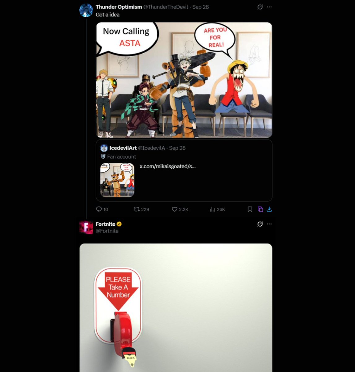 HYPEX's tweet photo. Fortnite responds to a tweet about One Piece, Chainsaw Man &amp; Demon Slayer not being in the game yet 😭

"Please Take A Number" https://t.co/nQzIBcg1U9