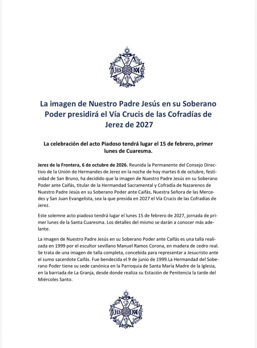 uhhjerez's tweet photo. La imagen de Nuestro Padre Jesús en su Soberano Poder presidirá el Vía Crucis de las  Cofradías de
Jerez 2027. Este solemne acto piadoso tendrá lugar el día 15 de febrero del año próximo, primer lunes de la Santa Cuaresma. https://t.co/6wyTiaXbB6