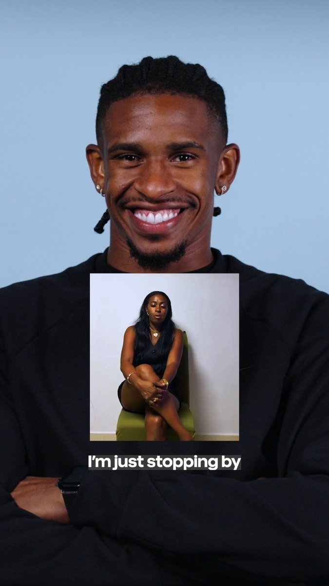 A smiling young man in a black sweater poses against a blue background, with an inset photo of a woman seated in a chair and the caption "I'm just stopping by" — appearing to be a personal video message from home for someone named André.