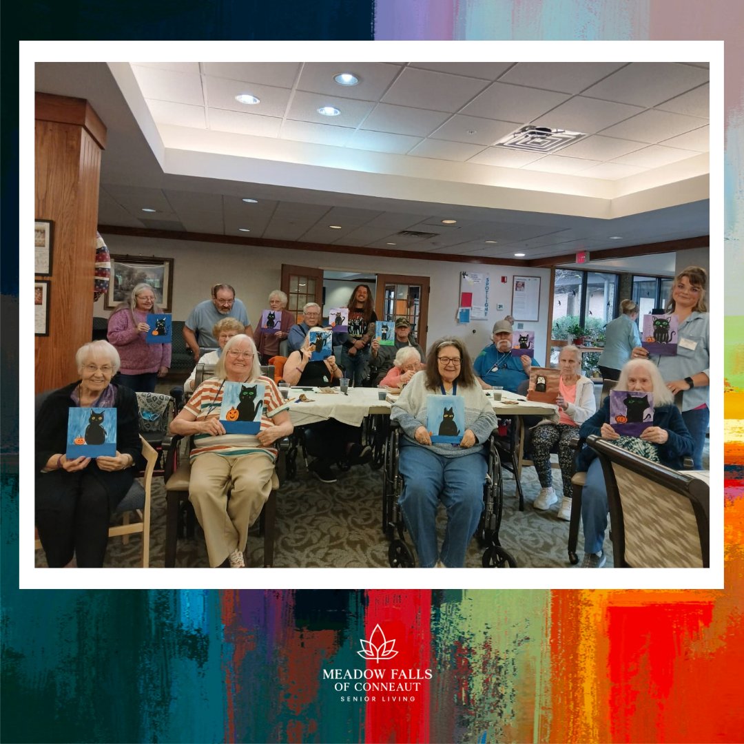 MeadowConneaut's tweet photo. 🎨🎃 Art with Chris Davis got spooky! 🖤 Our residents created adorable paintings of little black cats and jack-o’-lanterns to celebrate the spooky season. 🐈‍⬛🎃✨

#ArtWithChrisDavis #HalloweenArt https://t.co/TM5DBu5huG