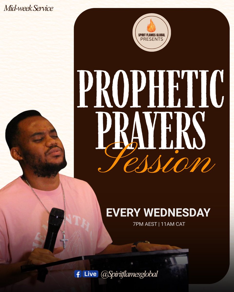 spirit_flamesgl's tweet photo. Prophetic Prayers🙏

Join us for a powerful time of prophetic prayer, intercession, and seeking God’s direction.

⏰ 7pm AEST | 11am CAT
🌐 Streaming Live on Facebook: 
👉 https://t.co/Ttt3RKRnDe

#Wearemorethanconquerors #Dreams #Spiritflamesglobal #Goodnews #fypシ゚viral https://t.co/T4hNyEXBVC