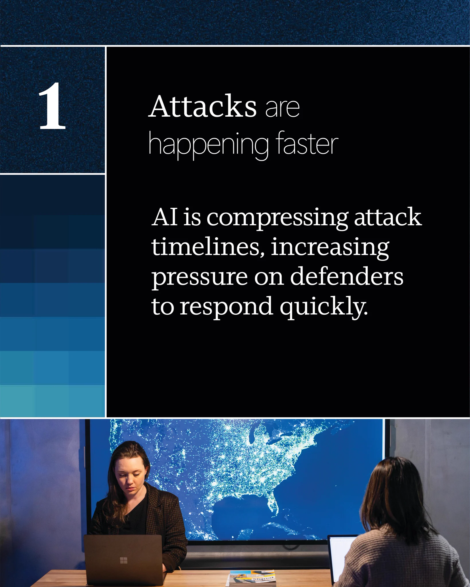 A woman works on a laptop at a desk with a blue-themed wall and a map of North America illuminated in the background. The text states: '1 Attacks are happening faster. AI is compressing attack timelines, increasing pressure on defenders to respond quickly.'
