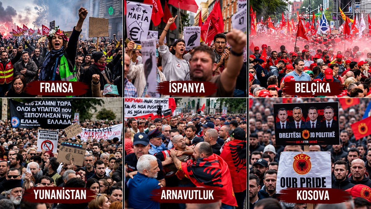 GugerBirol's tweet photo. 🔴 Avrupa’da isyan dalga dalga yayılıyor.

🇫🇷 Fransa: Ülke çapında protestolar
🇪🇸 İspanya: Konut ve hayat pahalılığı eylemleri
🇧🇪 Belçika: Öğrenci protestoları ve grev hazırlıkları
🇦🇱 Arnavutluk: Hükümet karşıtı gösteriler
🇬🇷 Yunanistan: Öğrenci ve savaş karşıtı eylemler
🇽🇰 Kosova: Siyasi protestolar ve polisle çatışmalar

Nedenler farklı, ancak ortak zemin giderek belirginleşiyor: gençlerin öfkesi, hayat pahalılığı, kamu hizmetleri ve siyasilere duyulan tepki.

Avrupa’nın toplumsal fay hatları aynı anda hareketleniyor.