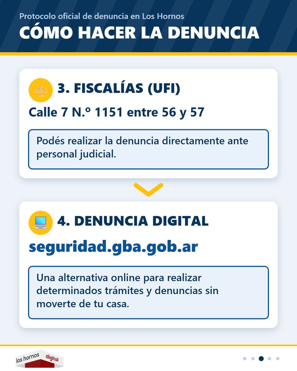 LosHornosDGT's tweet photo. CILHO difundió un protocolo con los canales oficiales para realizar denuncias. Ante emergencias, se debe llamar al 911. Las denuncias pueden efectuarse en la Comisaría 3ª de #LosHornos, en las Fiscalías de La Plata o mediante la modalidad de Denuncia Digital. https://t.co/mcaKiX5MhG