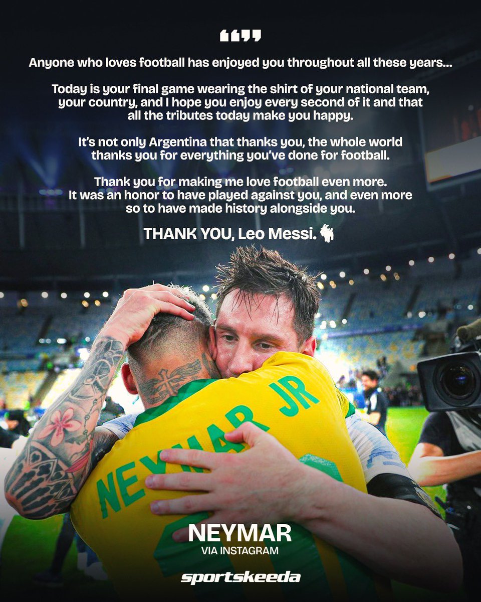 skworldfootball's tweet photo. 🫂🇧🇷 𝐍𝐄𝐘𝐌𝐀𝐑’𝐒 𝐌𝐄𝐒𝐒𝐀𝐆𝐄 𝐓𝐎 𝐌𝐄𝐒𝐒𝐈 ❤️🇦🇷

Neymar Jr has penned a heartfelt letter to Lionel Messi as the Argentine legend prepares for his final farewell with Argentina. 🥹👑

Two legends. One unforgettable friendship. 🐐🤝🐐 https://t.co/Cp4XwY6F15