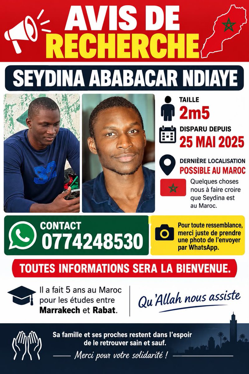 chicorienne_'s tweet photo. Le pére de seydina m’a indiqué avoir reçu des informations provenant de sources proches selon lesquelles Seydina pourrait se trouver au Maroc Pour rappel Seydina a effectué une partie de ses études au Maroc notamment à Casablanca et marrakech Nous lançons un appel à toutes les 👇 https://t.co/GnzHovXYb6