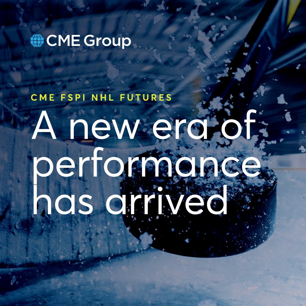 A promotional image from CME Group features a close-up of a hockey puck splashing through ice, overlaid with the text "CME FSPI NHL FUTURES" and "A new era of performance has arrived." The icy, action-packed visual reinforces the launch announcement for their new NHL futures product, emphasizing the trading opportunity for 32 NHL teams.