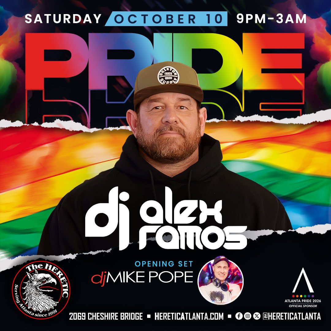 AtlantaGayEvent's tweet photo. Pride Saturday at The Heretic
Sat, Oct 10th

2pm - 8pm
Queen Butch presents Bootea w/ The Carry Nation, Mister Wallace &amp; NSA

9pm-3am
Pride 2026: DJ Alex Ramos w/ DJ Mike Pope https://t.co/KrbI6bqFtj