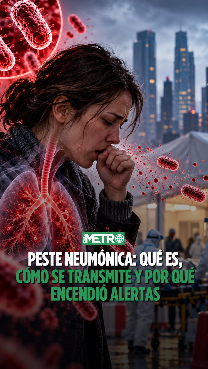 Metro World News graphic titled "PESTE NEUMÓNICA: QUÉ ES, CÓMO SE TRANSMITE Y POR QUÉ ENCENDIÓ ALERTAS," depicting a woman coughing into her fist with red lung anatomy overlay and bacteria illustrations, set against a backdrop of a city skyline and medical tents.