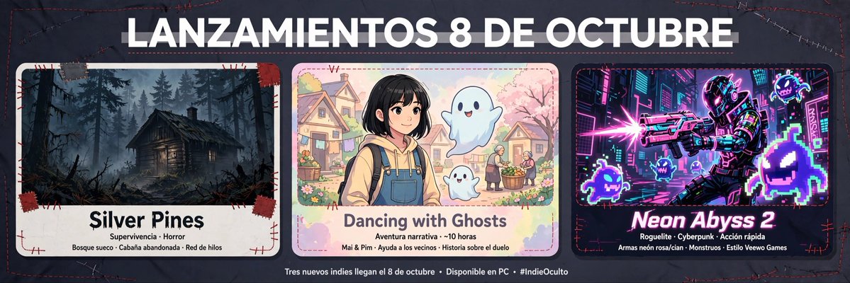 Indieoculto's tweet photo. Hoy salen 3 indies muy distintos el mismo día. ¿Qué te llama más?
🌲 Survival horror (Silver Pines)
👻 Narrativa cozy sobre duelo (Dancing with Ghosts)
🔫 Roguelite frenético (Neon Abyss 2)
Dime en comentarios con cuál te quedas tú. https://t.co/aabmoNFdIQ